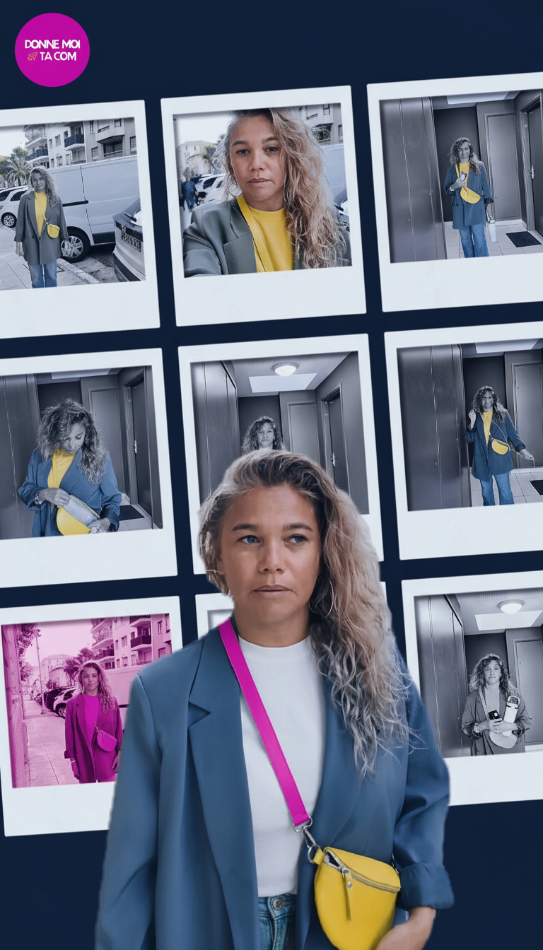 une femme blonde avec une veste et une banane