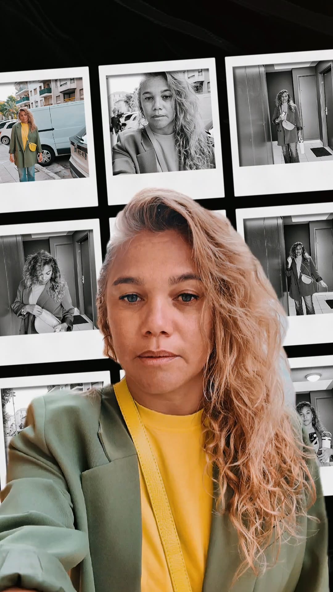 une femme blonde avec une veste verte et tshirt jaune